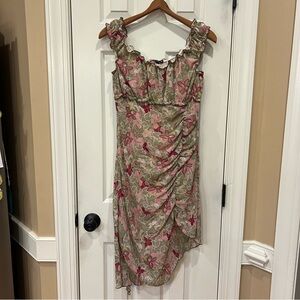 Vintage Y2K Hot Kiss Asymmetrical Floral Midi Dress Ruffled Pink Green Fairy